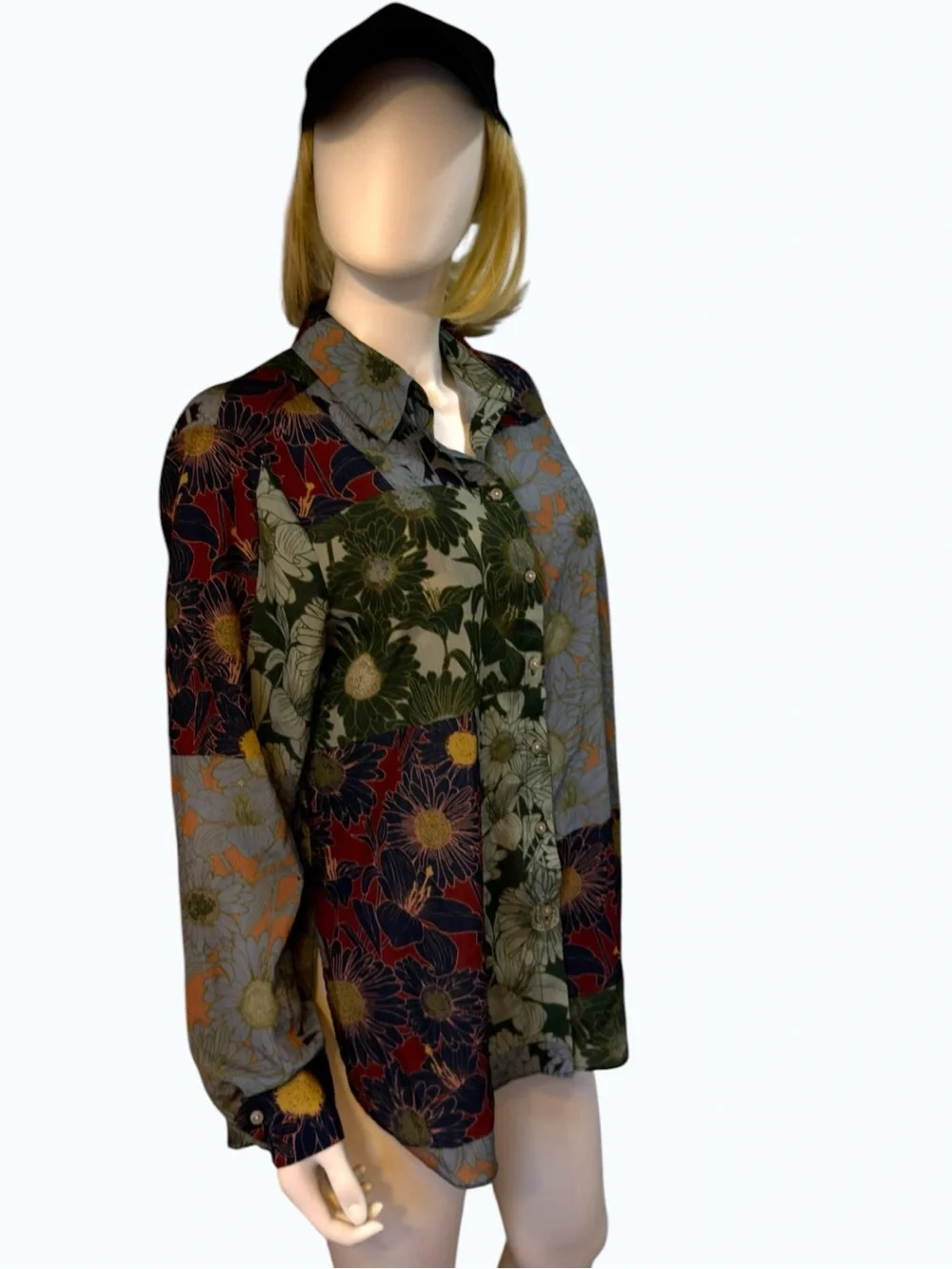 Rose + Olive Patchwork Floral Button-Down Blouse | Size M